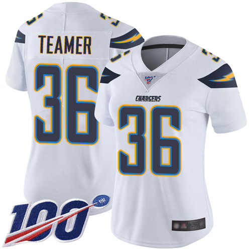 Los Angeles Chargers NFL Football Roderic Teamer White Jersey Women Limited #36 Road 100th Season Vapor Untouchable->youth nfl jersey->Youth Jersey